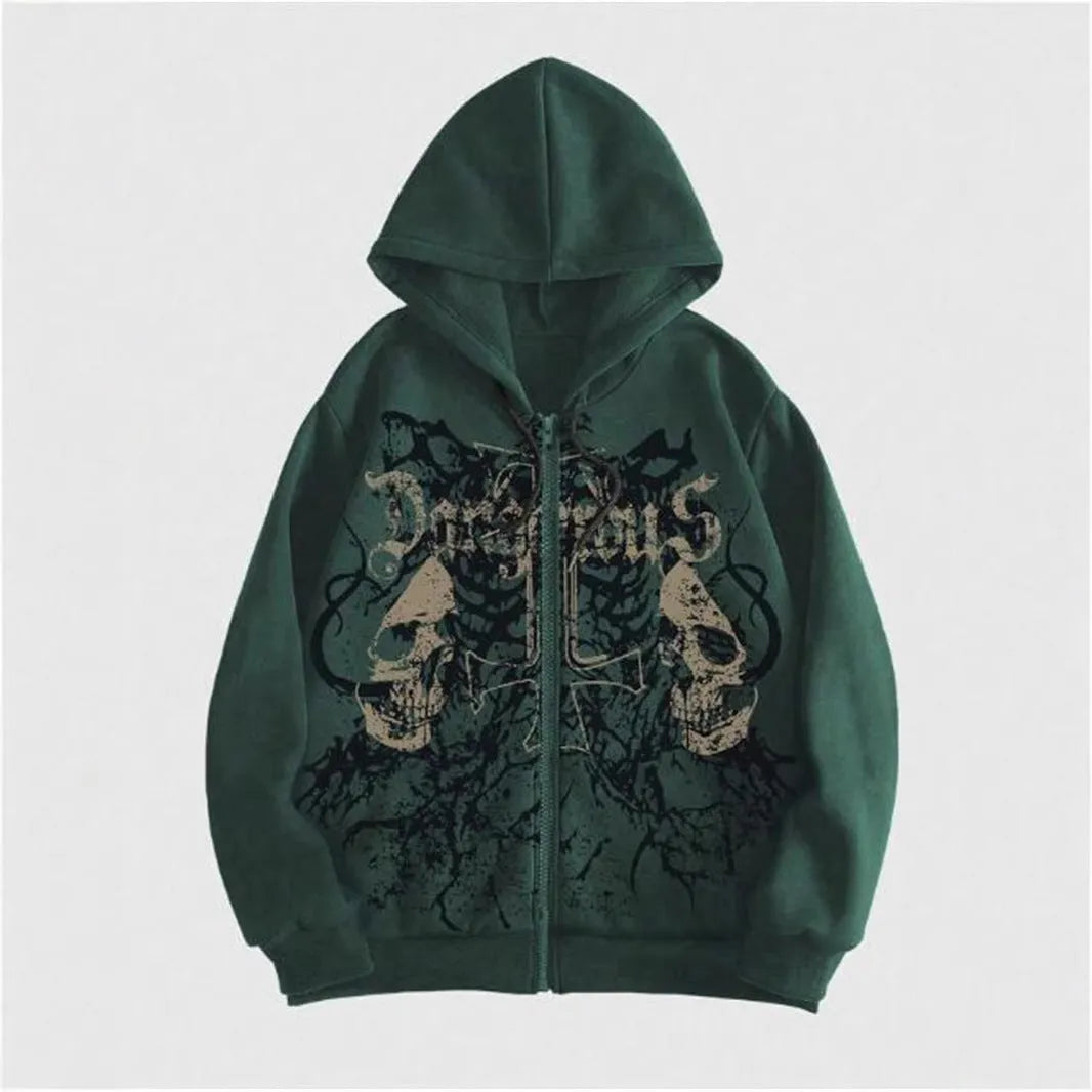 Men's black Harajuku style hooded sweatshirt with skull pattern hot stamping print and long sleeves