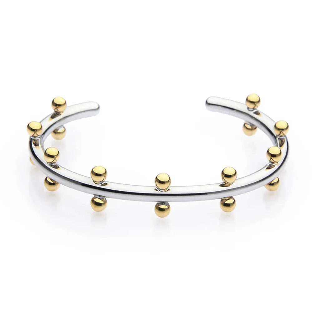 Stainless steel C-shaped texture beads with rivet design in gold, steel, and steel gold finishes