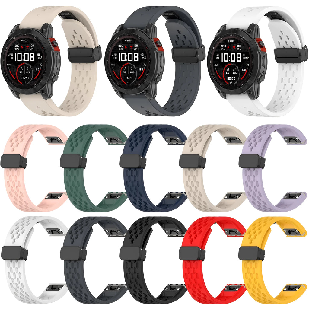 Garmin Fenix quick release silicone sport band in multiple colours showing quick-release mechanism.