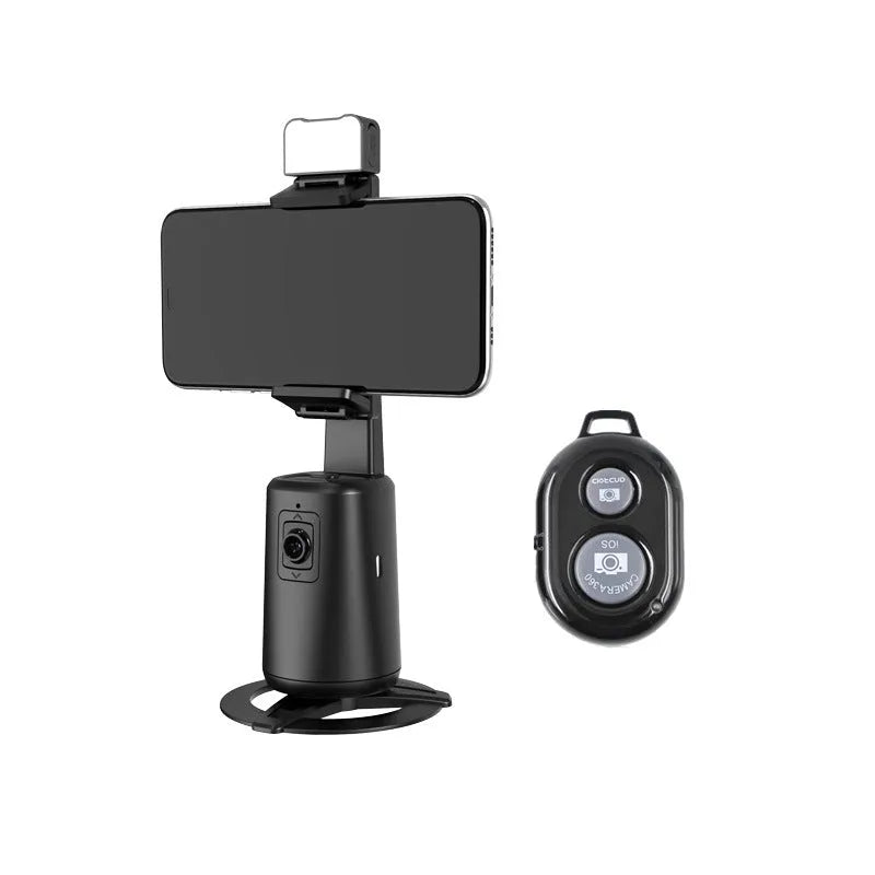 Black intelligent desktop bracket with auto-rotating camera head and RGB ribbon lights.