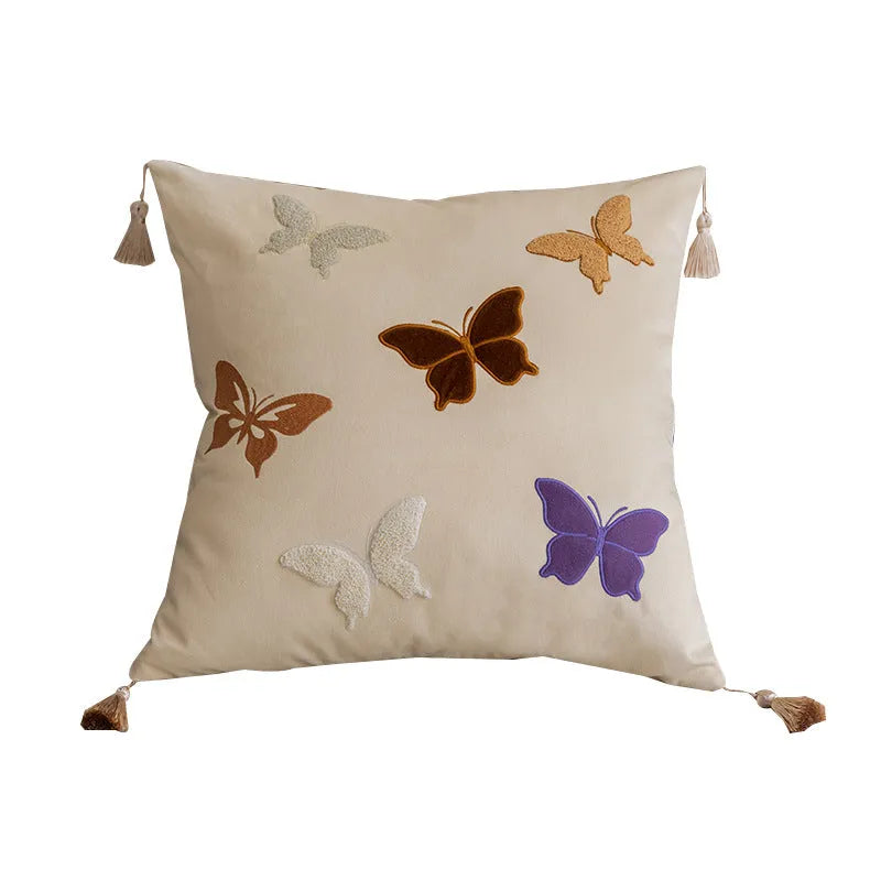 Square beige cushion with intricate Chinese style butterfly embroidery, 45cm in size.