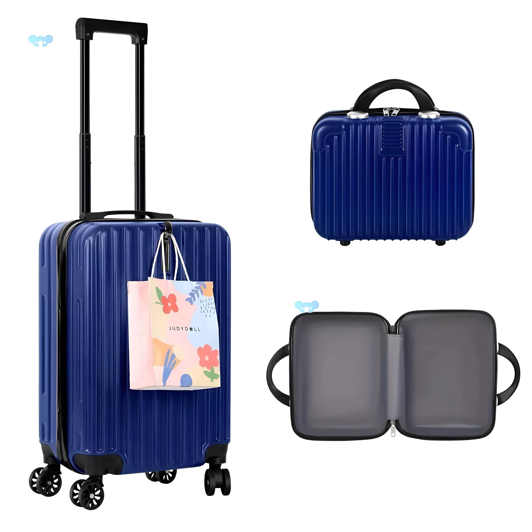 Aluminium alloy travel trunk set showing 14-inch and 20-inch sizes with two trunks and towel accessory