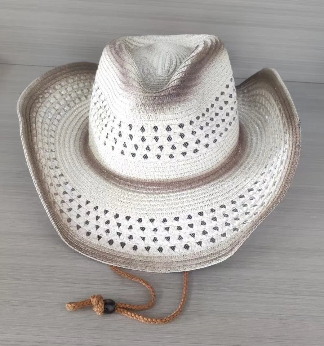 Brown leather velvet curved edge Western cowboy hat with a conical crown on a wooden surface.