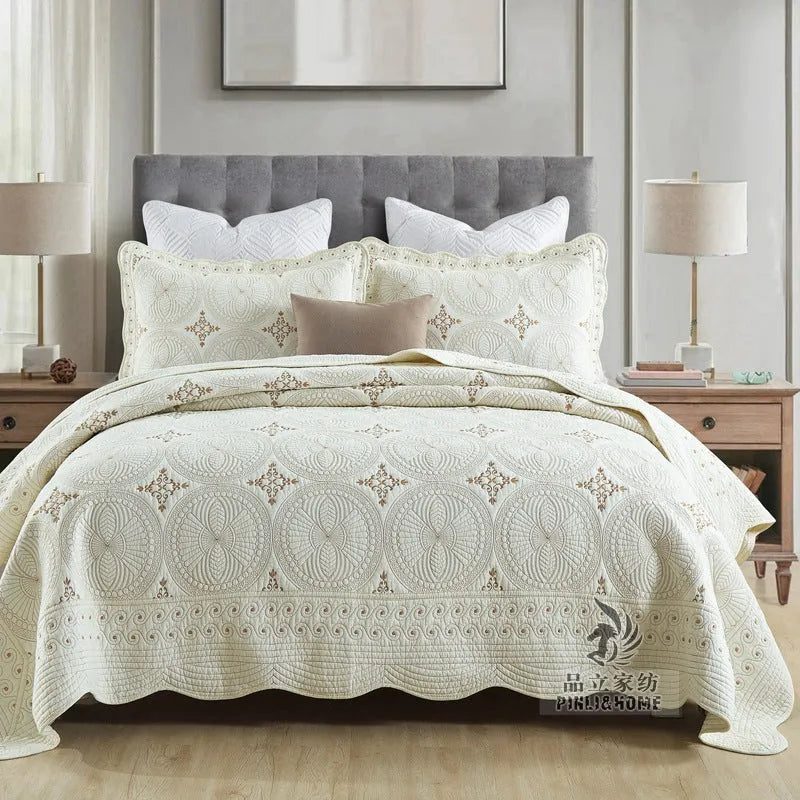 Double-thick pure cotton embroidered bedspread set with pillowcases for a 1.8 metre bed.