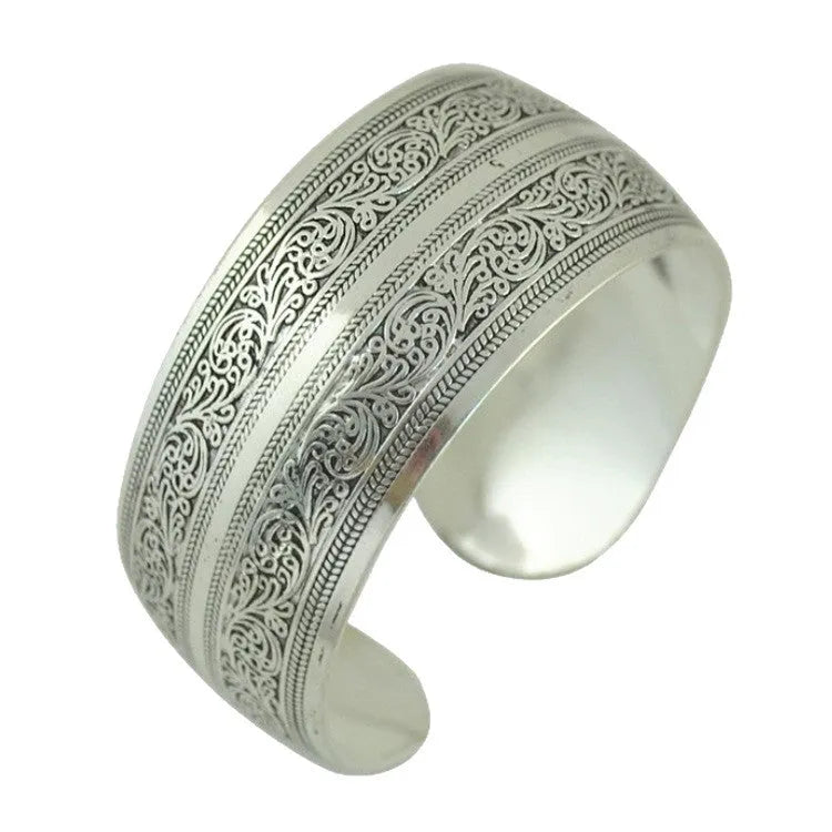 Miao silver openwork carved bracelet in alloy with Rome shape, ethnic design with turtle colour finish
