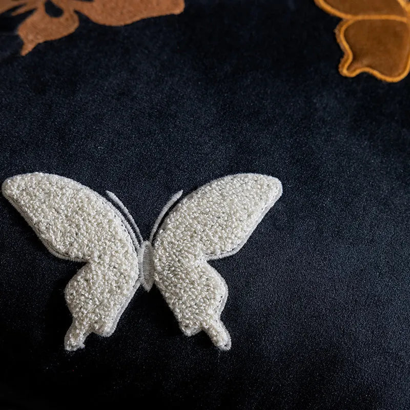 Square beige cushion with intricate Chinese style butterfly embroidery, 45cm in size.