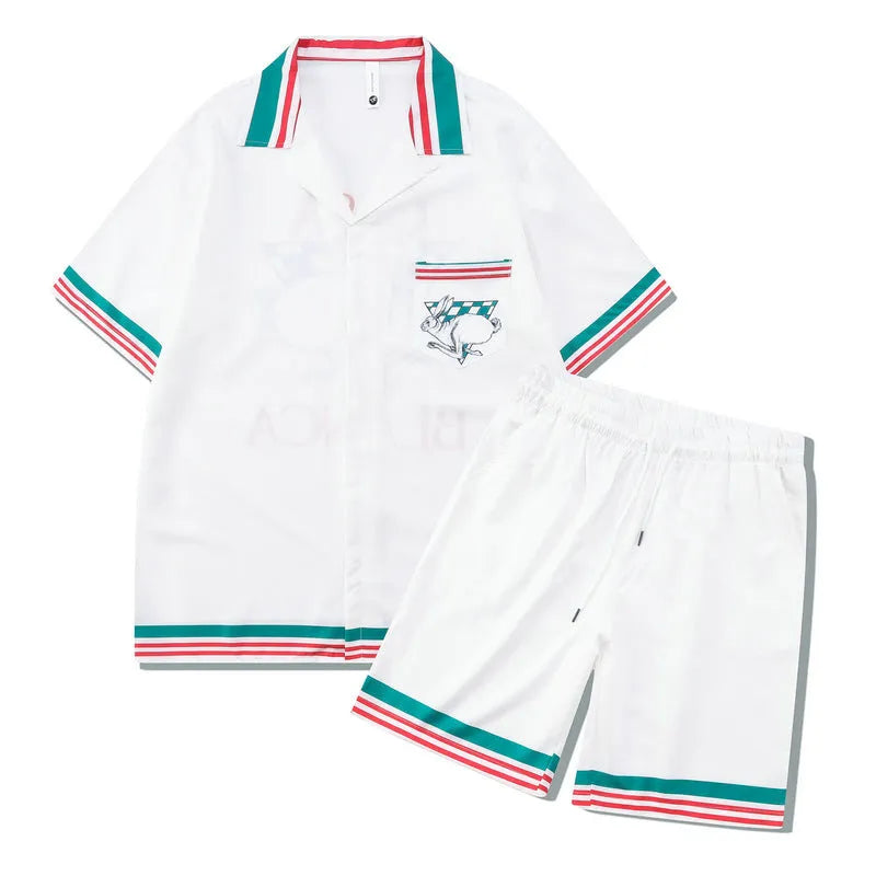 Men's beach outfit set with plaid print short sleeve shirt and matching pants