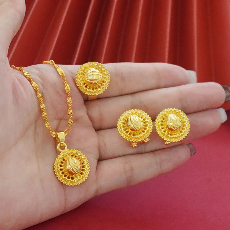 Gold-plated three-piece jewellery suit with three-layer flower design pendant, earrings, and ring on water wave chain