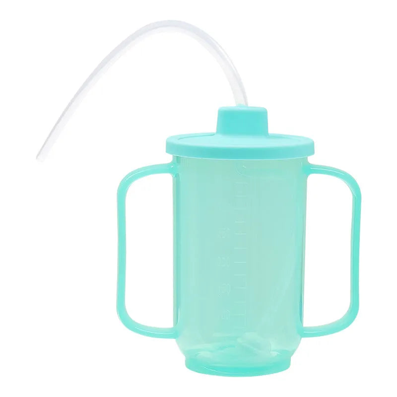 Adult bedside drinking cup with lid and handle, shown in various styles including an oblique mouth choke-proof design.
