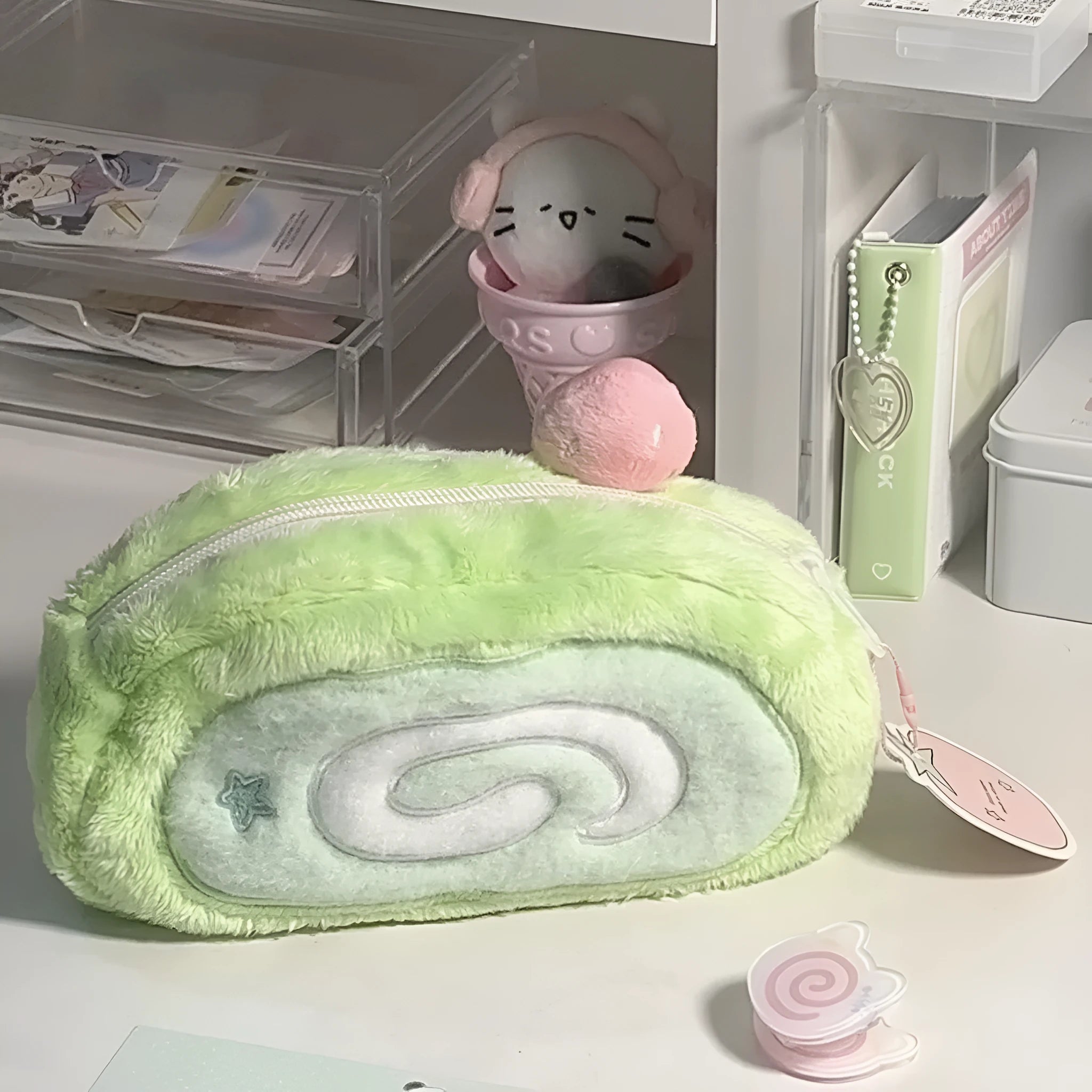 Velvet roll pencil case with Swiss roll cake pattern in Korean style design