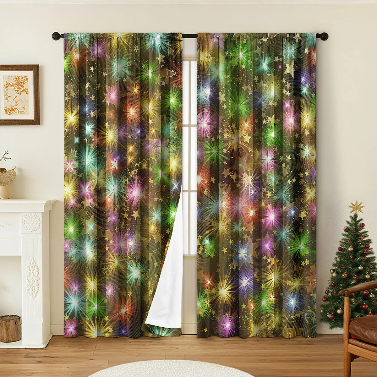 Pair of red and green 3D digitally printed Christmas curtains with festive patterns hanging on a window.