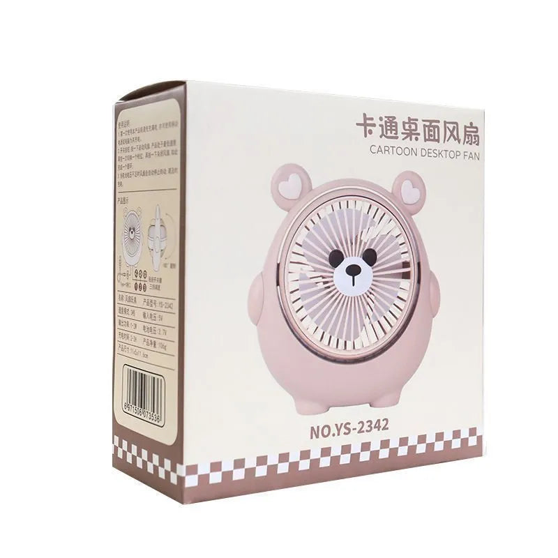 Dog-themed USB desktop electric fan in one of six colour options on a desk.