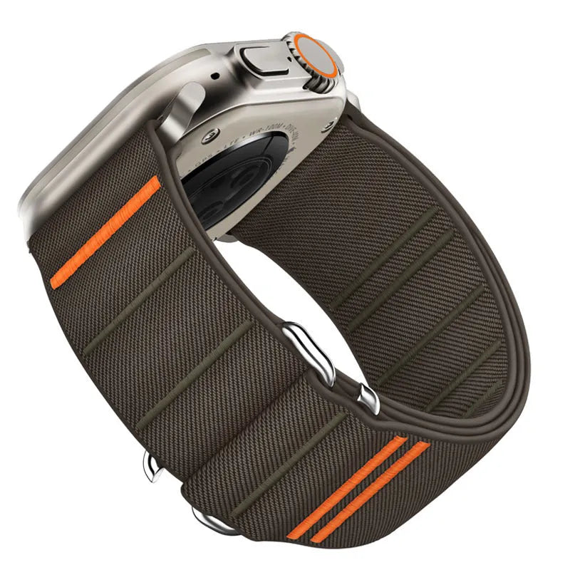 Elastic nylon watchband with stainless steel buckle for Apple Watch, shown in multiple colour options.