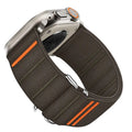 Elastic nylon watchband with stainless steel buckle for Apple Watch, shown in multiple colour options.