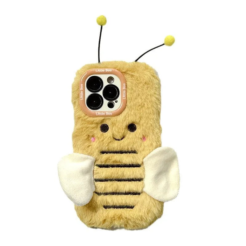 Plush cartoon bee lens bracket phone case in Little Bee colour for iPhone showing furry texture and stand