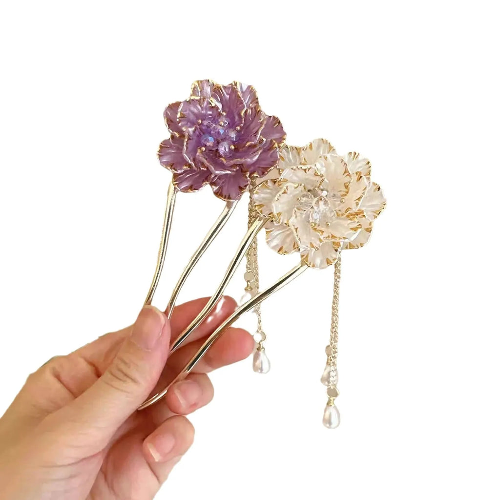 Retro peony flower tassel U-shaped hairpin for women in purple and white colour options