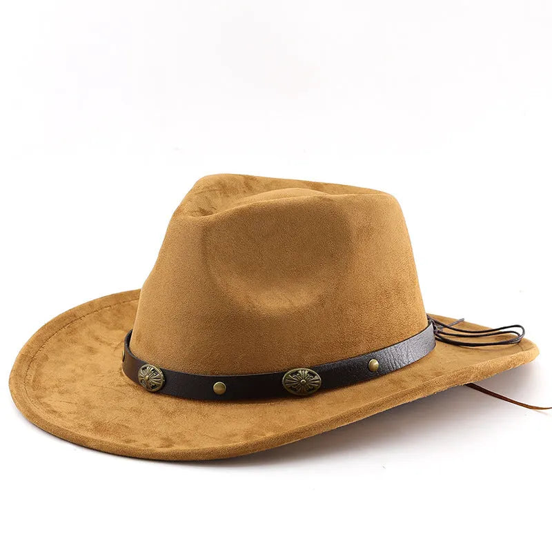 Brown leather velvet curved edge Western cowboy hat with a conical crown on a wooden surface.