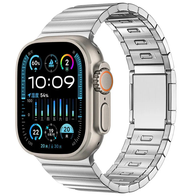 Stainless steel magnetic buckle watch strap for Apple Watch in silver colour on grey background