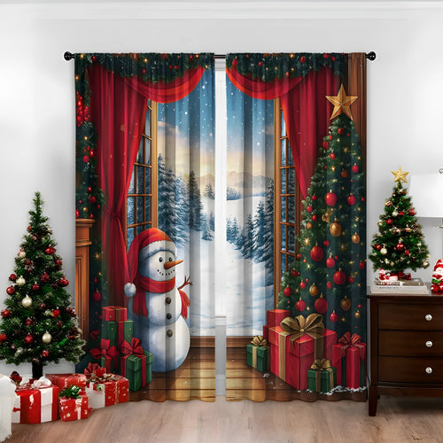 Pair of 3D digitally printed Christmas curtains with a European pattern on polyester fabric.