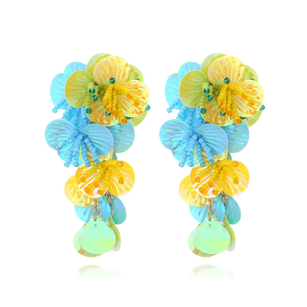 Handmade colourful beaded flower and leaf earrings in exaggerated European American dopamine style