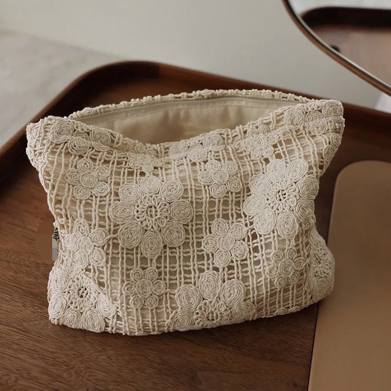 Handmade crocheted corduroy cosmetic bag with hollow flower embroidery ethnic design