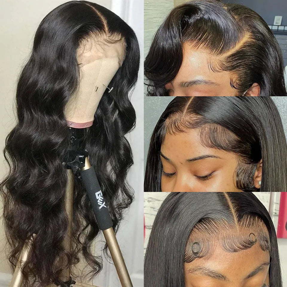 Black synthetic front lace wig with long curly hair and side-swept bangs.