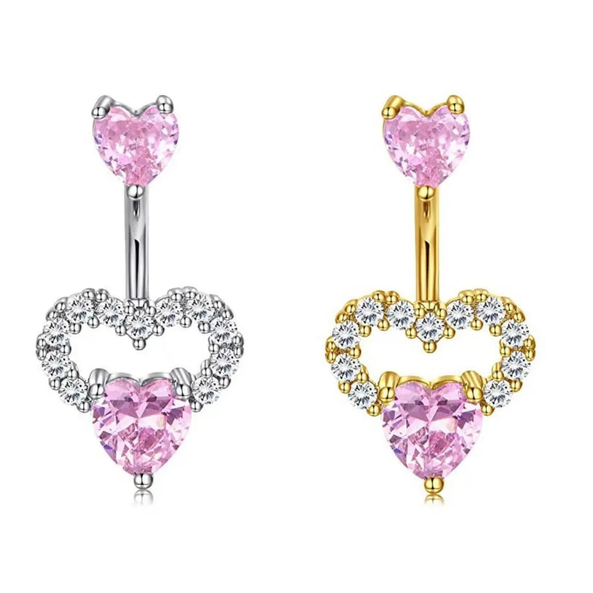 Copper navel stud with heart-shaped zirconium charm in white gold powder finish for women