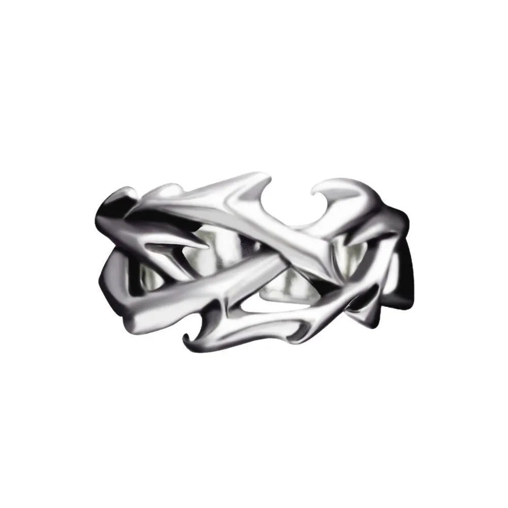 Adjustable copper men's ring with geometric thorn and flower design.