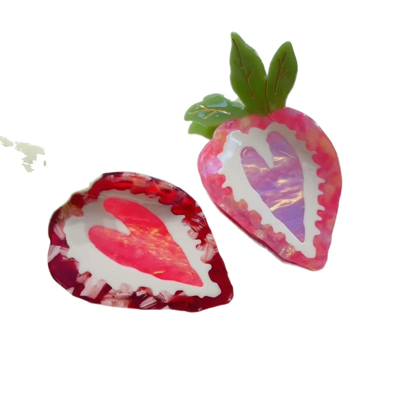 Handmade strawberry charm hairpin in pastoral style, shown in red and pink colour options.