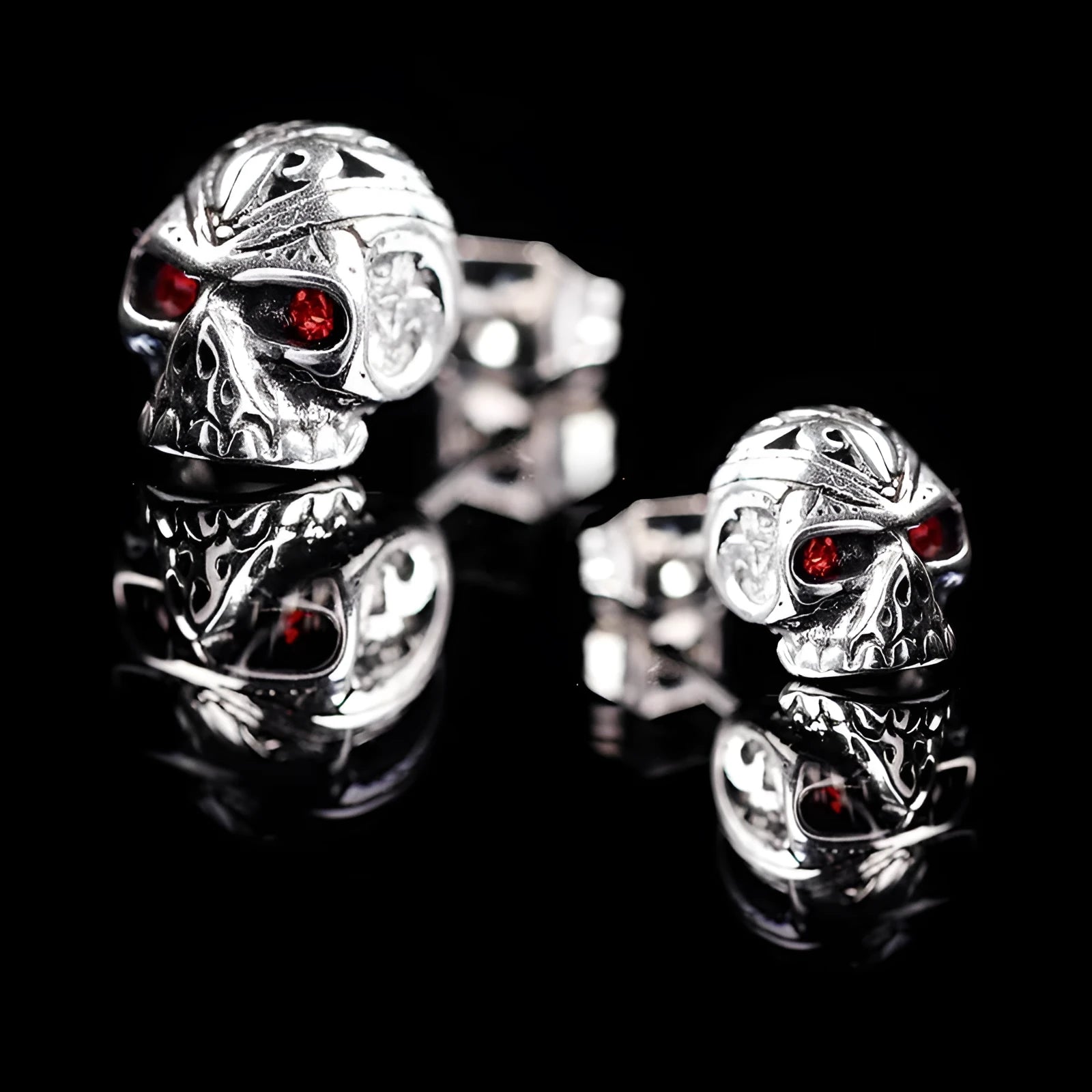 Personalised skull stud earrings with ghost head design and red eye detail