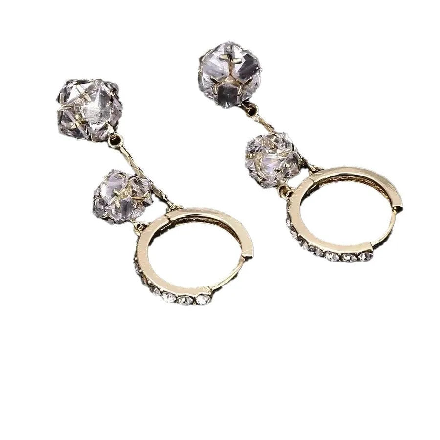 Silver tone rhinestone tassel ball drop earrings with double pendant design