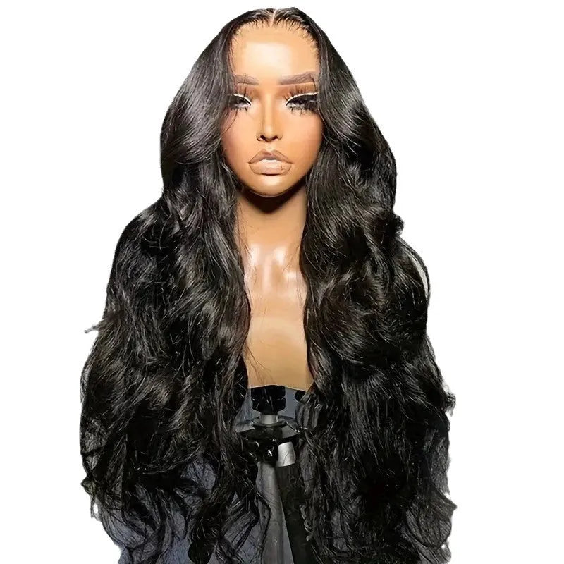 Black synthetic ladies wig with big wave texture on a stand, showing lace front.