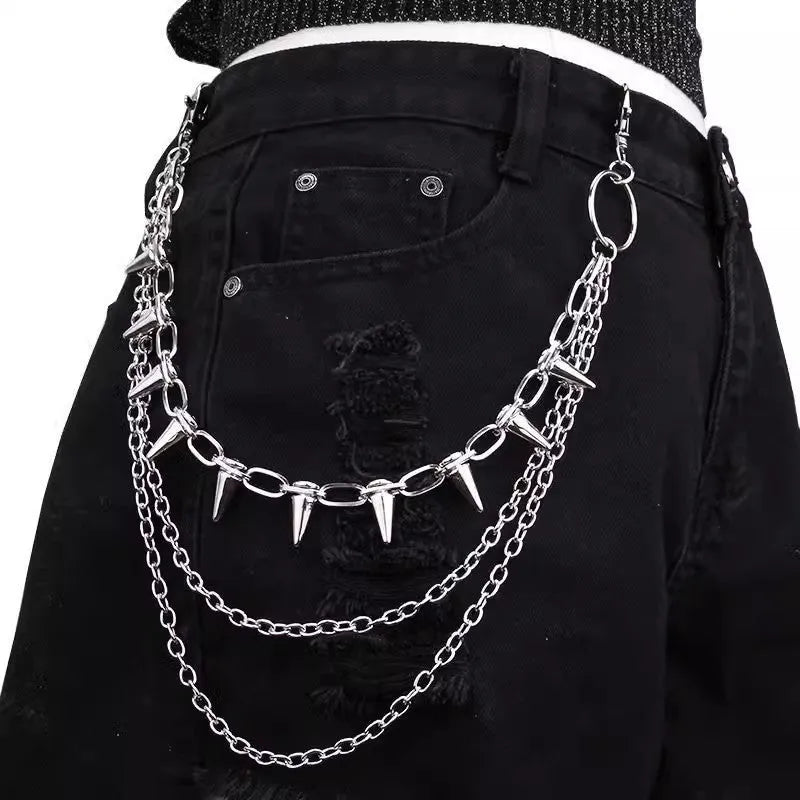 Silver alloy trousers chain with double layer design and rivet detailing, shown against dark fabric