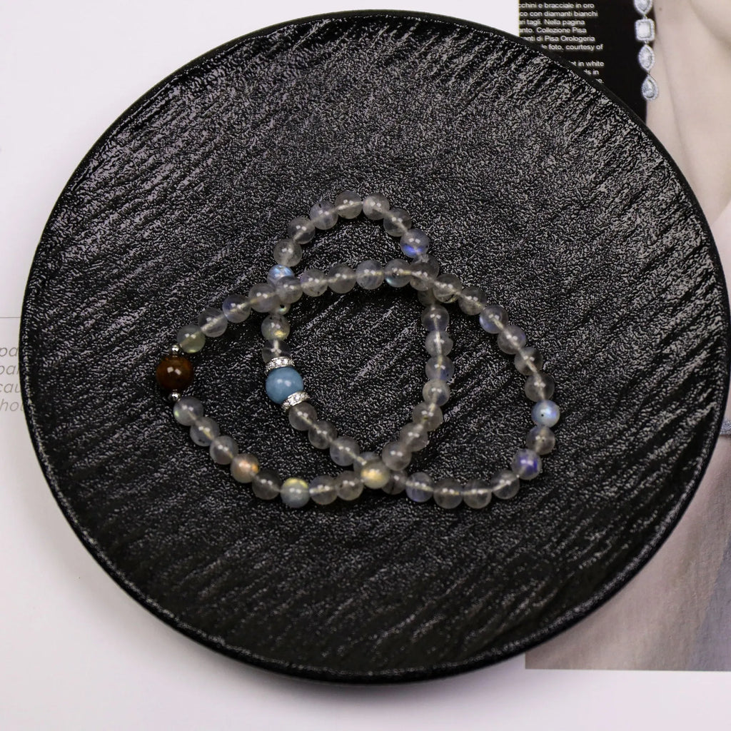 Double-layer women's bracelet with moonstone tigereye aquamarine beads and gray moonlight alloy frame