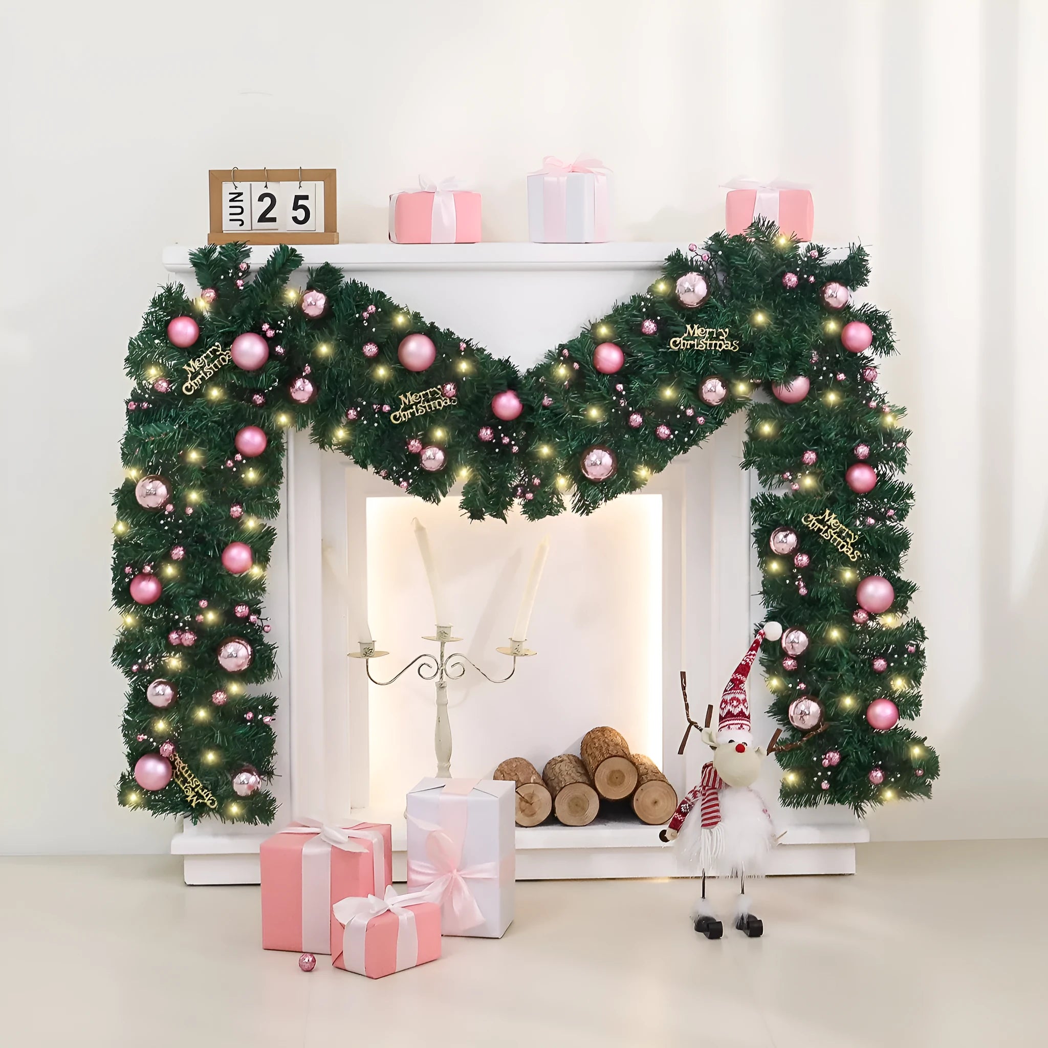 2.7 metre pink Christmas rattan decoration with 240 warm lights in Korean style