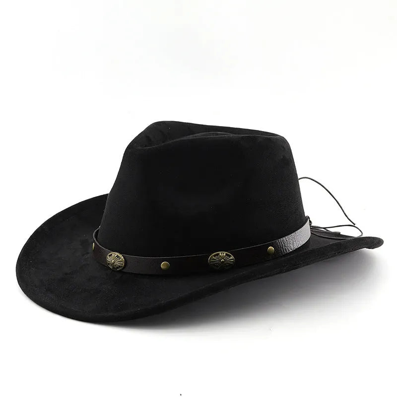 Brown leather velvet curved edge Western cowboy hat with a conical crown on a wooden surface.