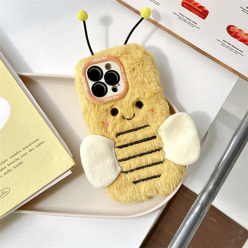 Plush cartoon bee lens bracket phone case in Little Bee colour for iPhone showing furry texture and stand