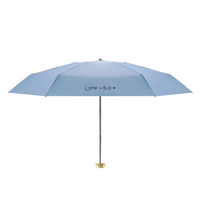 Closed five-fold compact sun umbrella with a rubber handle, shown in one of eleven available colours.