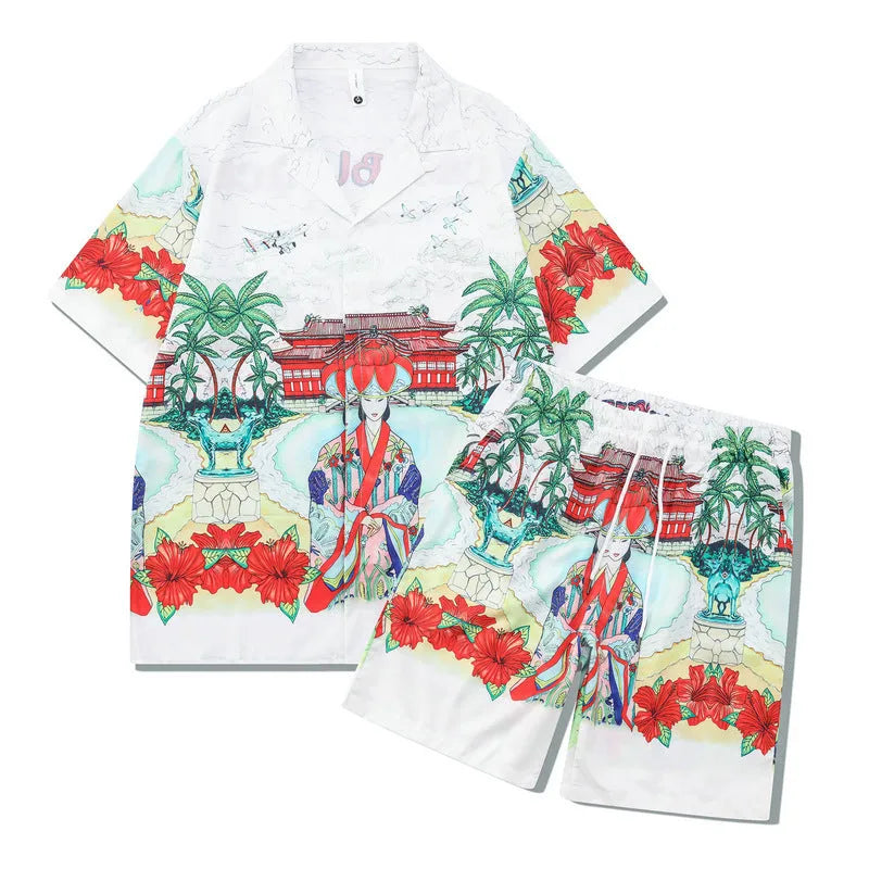 Men's plaid print polyester beach outfit consisting of a short-sleeve shirt and matching trousers.