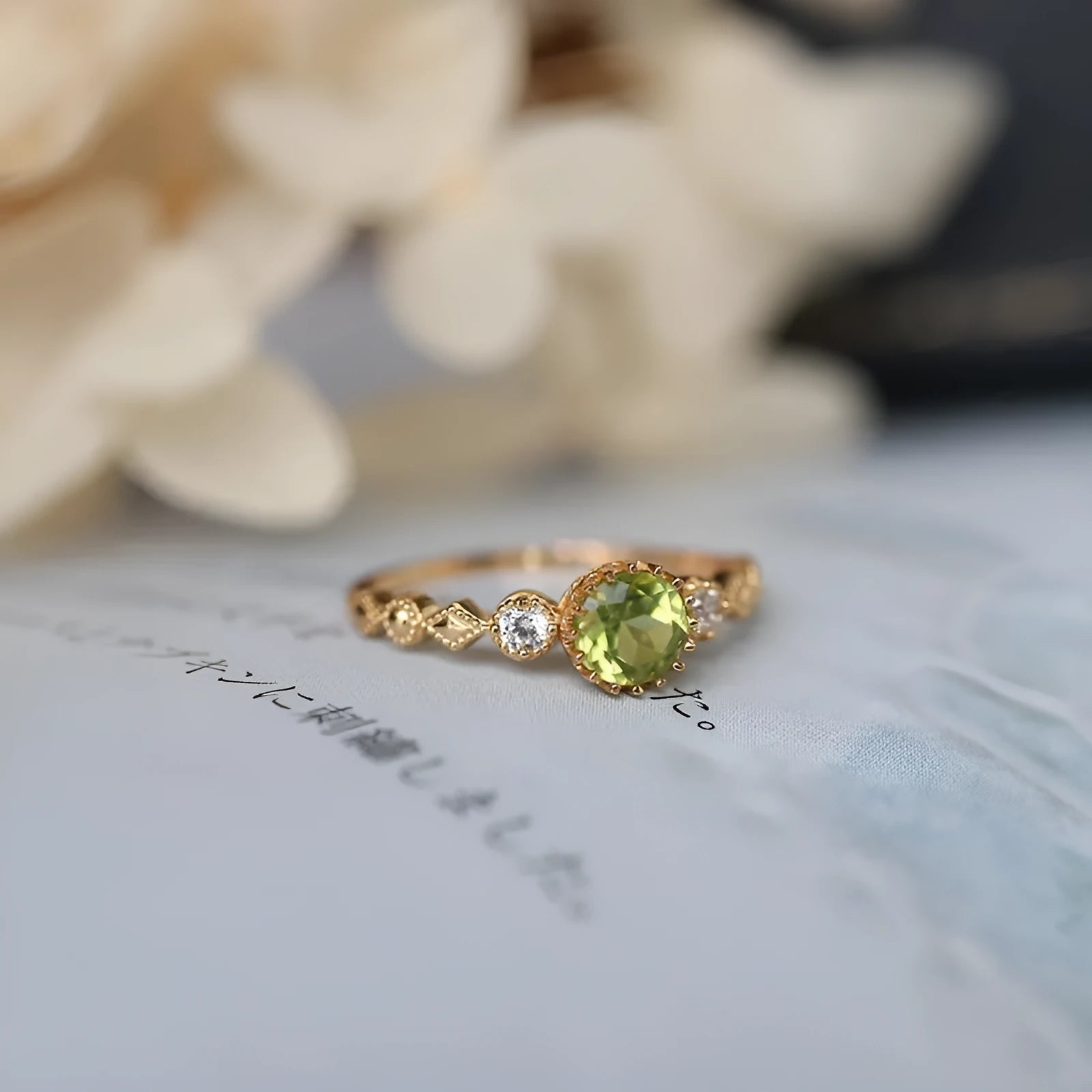Japanese style geometric copper ring with quadrilateral design and green imitation peridot appearance