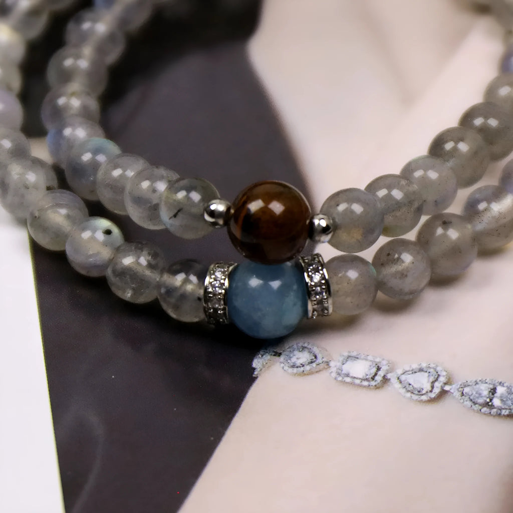 Double-layer women's bracelet with moonstone tigereye aquamarine beads and gray moonlight alloy frame