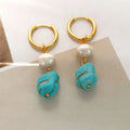 Copper geometric earring set with irregular turquoise stones and cultured pearls, showing both short and dangle drop styles.