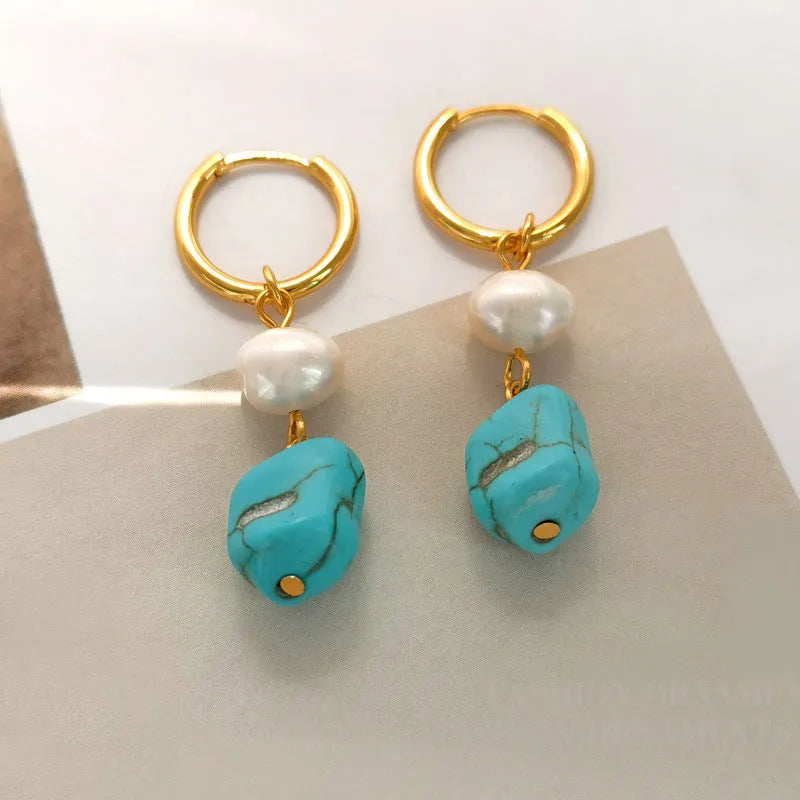 Copper geometric earring set with irregular turquoise stones and cultured pearls, showing both short and dangle drop styles.