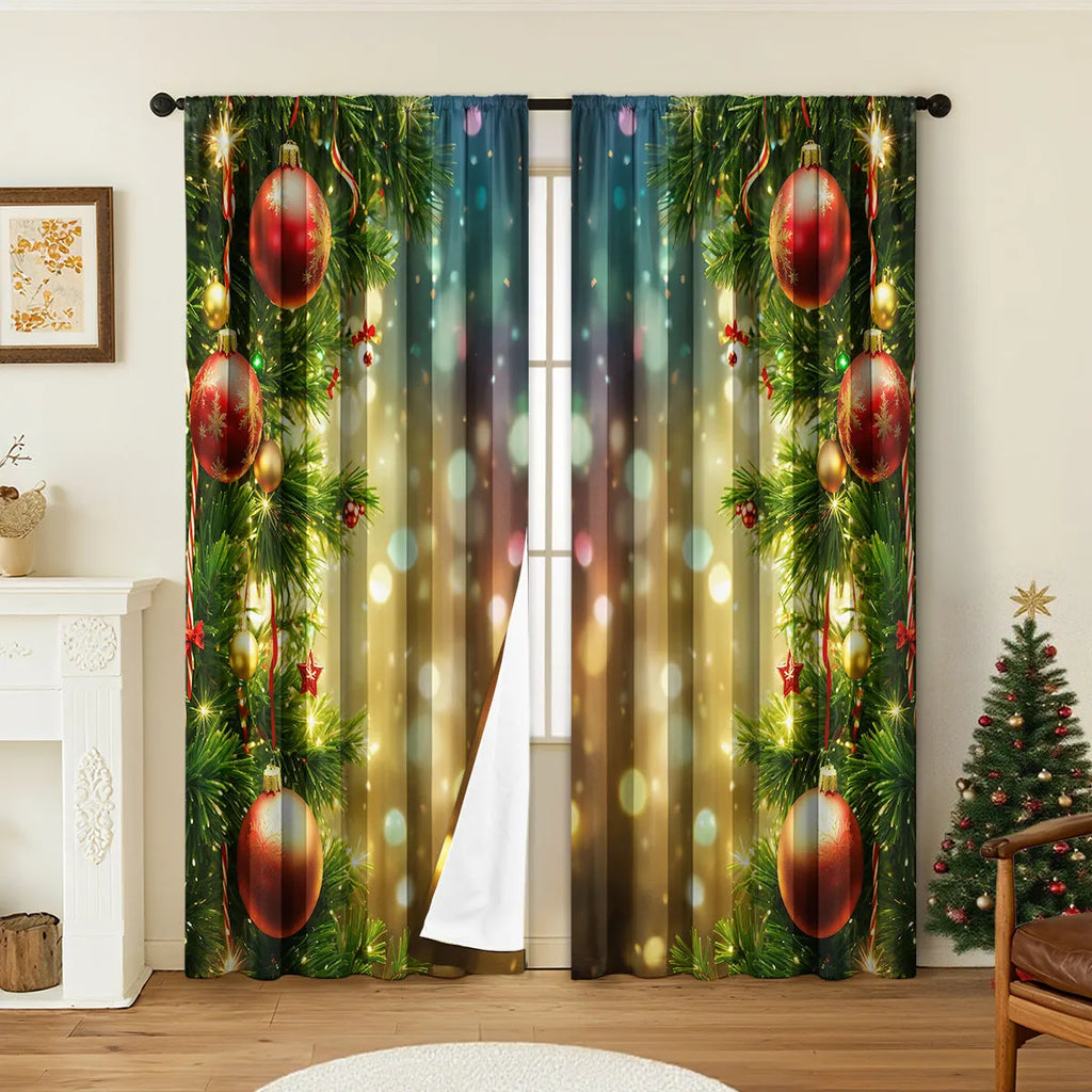 Pair of red and green 3D digitally printed Christmas curtains with festive patterns hanging on a window.