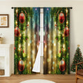Pair of red and green 3D digitally printed Christmas curtains with festive patterns hanging on a window.
