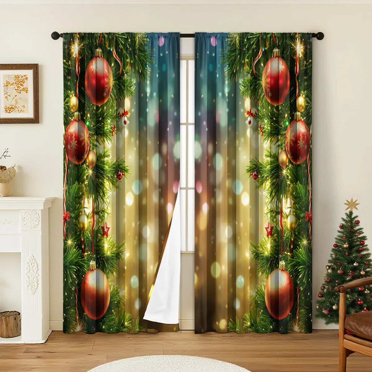 Pair of red and green 3D digitally printed Christmas curtains with festive patterns hanging on a window.