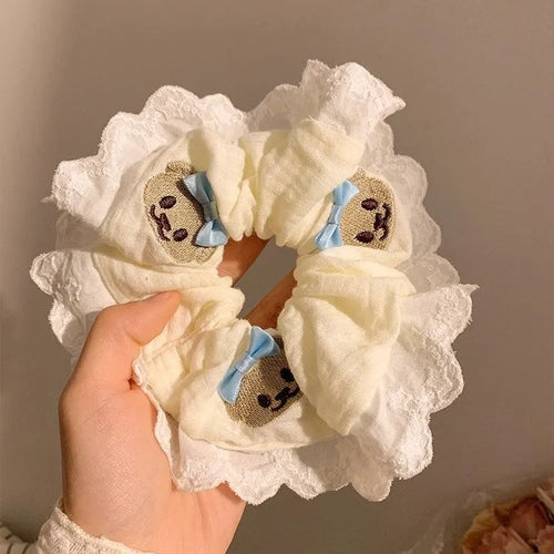 Blue cloth hair ring with bear decoration and bow, elastic large intestine style headband