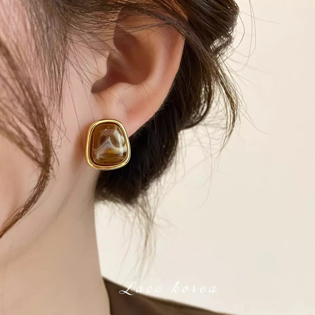 French style geometric pearl earrings with retro quadrilateral metal design in brown, coffee or white