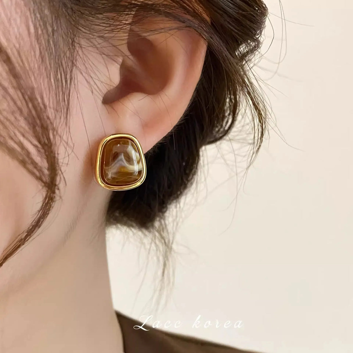 French style geometric pearl earrings with retro quadrilateral metal design in brown, coffee or white