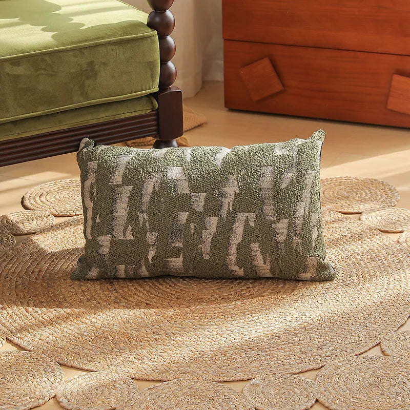 Square Jacquard pillow cover with detailed retro floral pattern on a grey sofa, showing 45x45cm size.